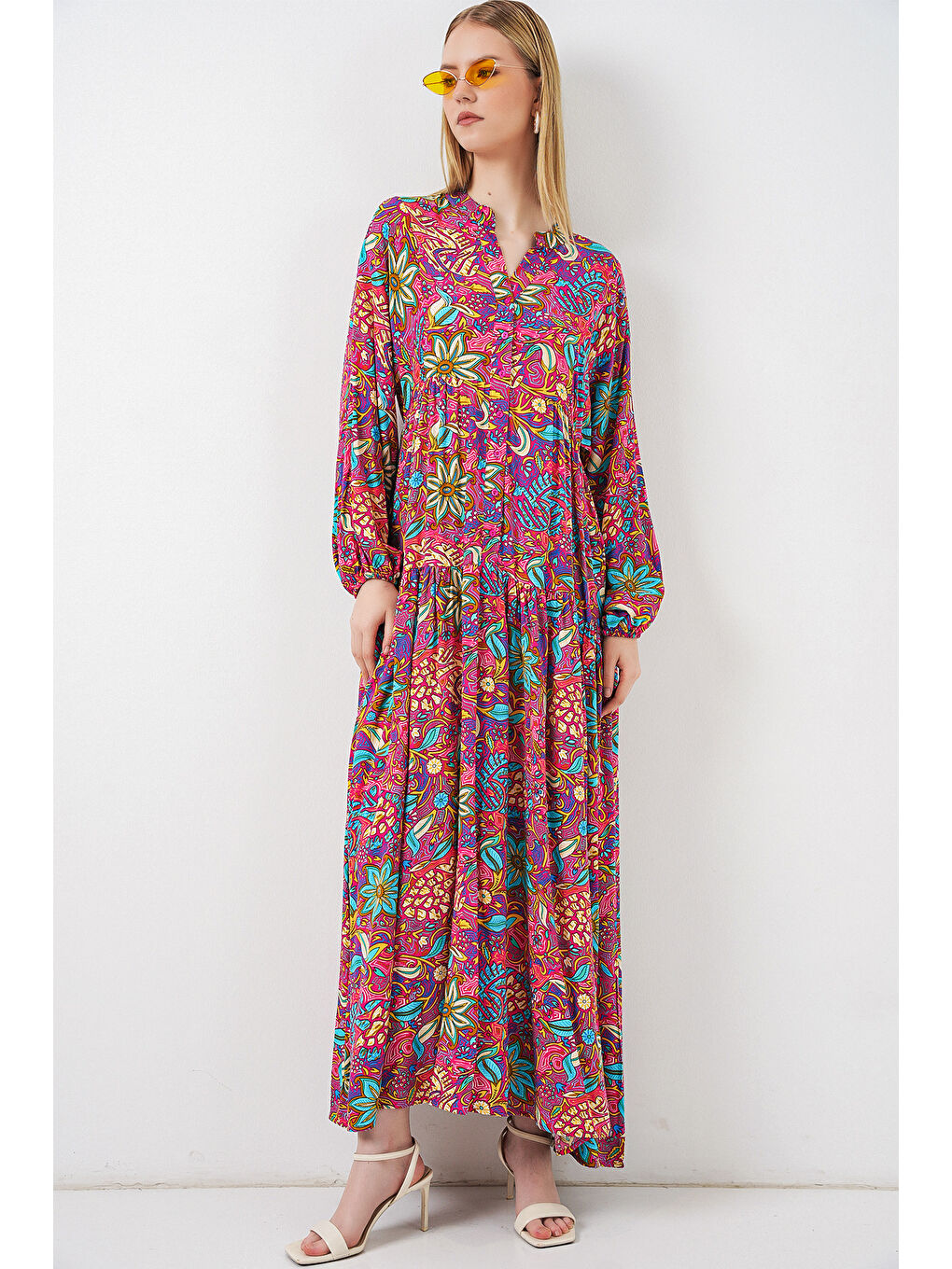 Karışık Kadın Desenli Uzun Tesettür Elbise 2585 - Çok Renkli