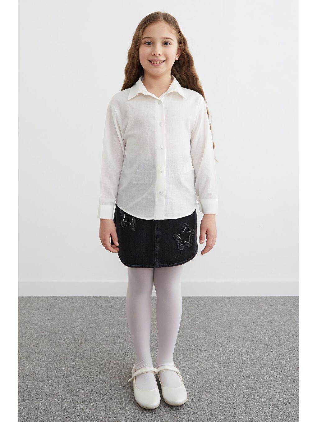 Ekru %100 Pamuk Flamlı Kız Çocuk Gömlek-1