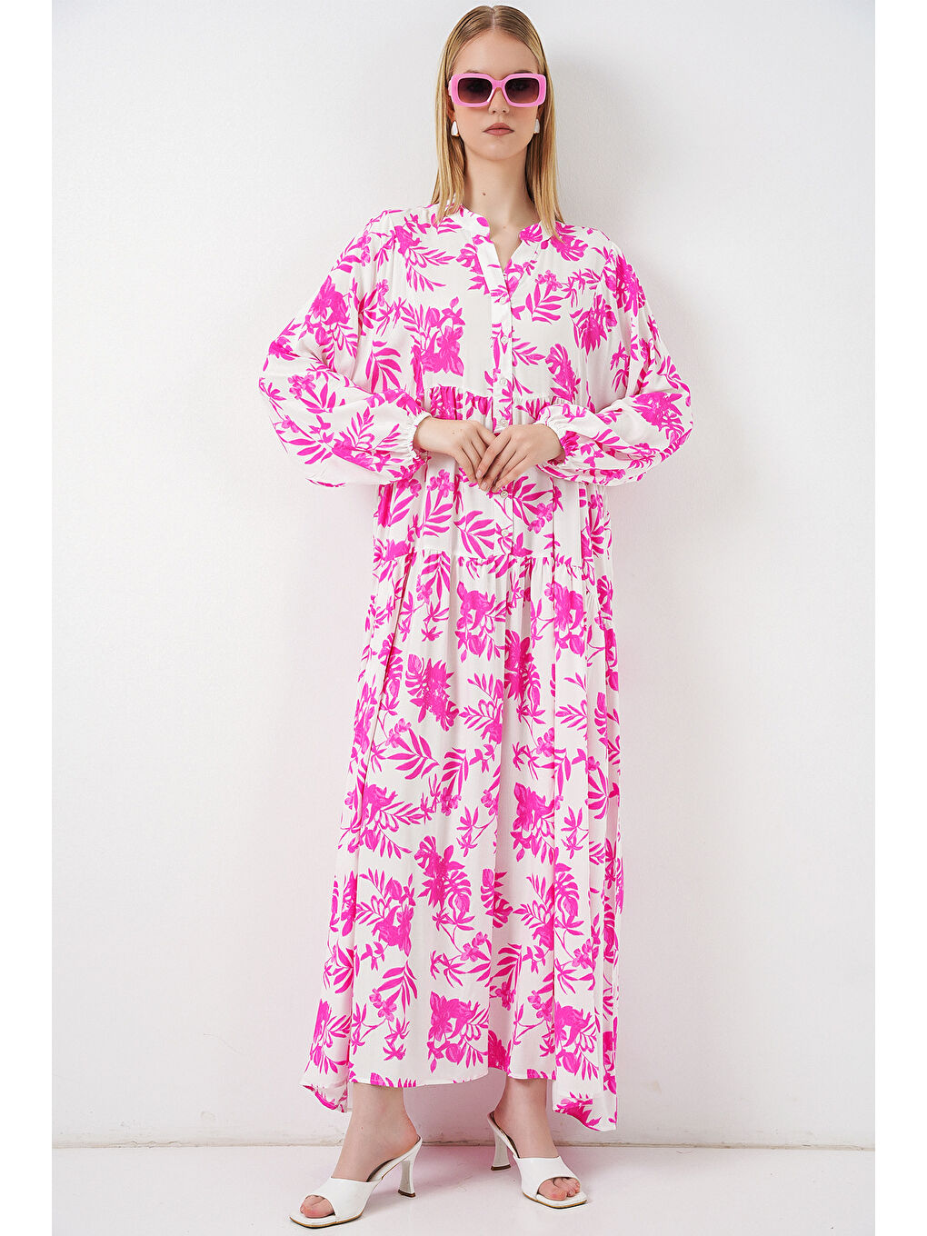 Kadın Desenli Uzun Tesettür Elbise 2585 - Pembe-3