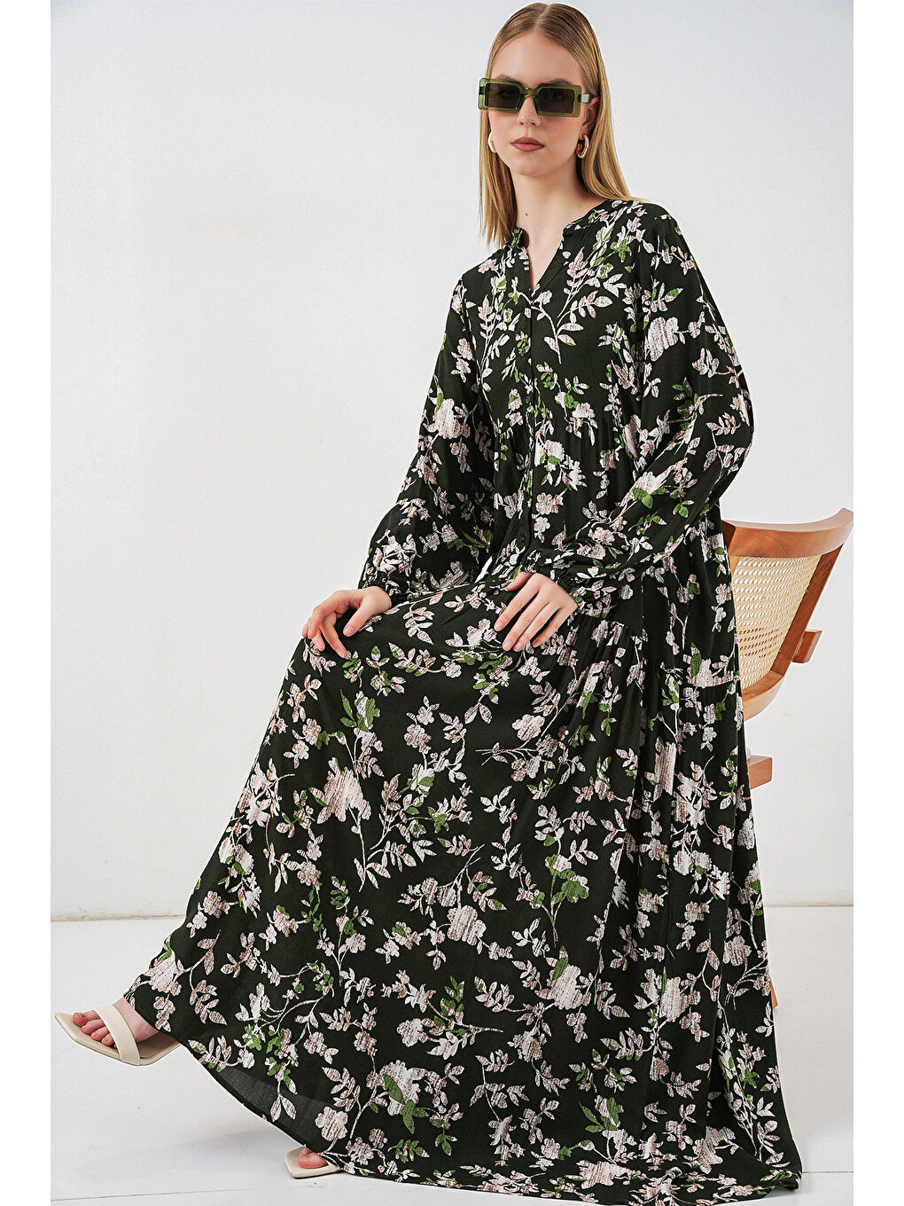 Kadın Desenli Uzun Tesettür Elbise 2585 - Koyu Haki-2