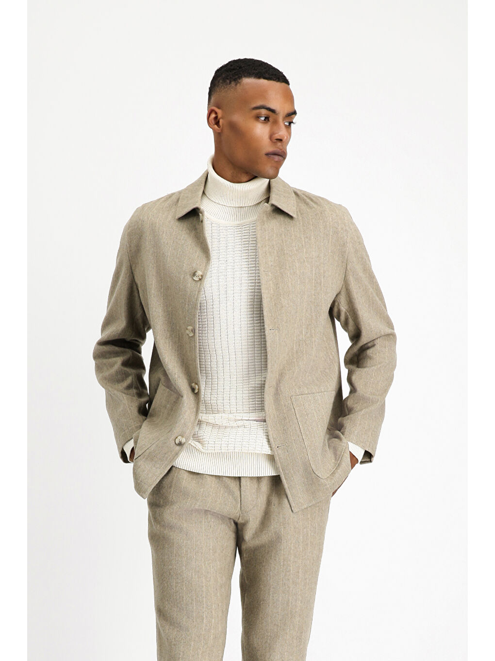 Bej Regular Fit Yünlü Çizgili Spor Ceket