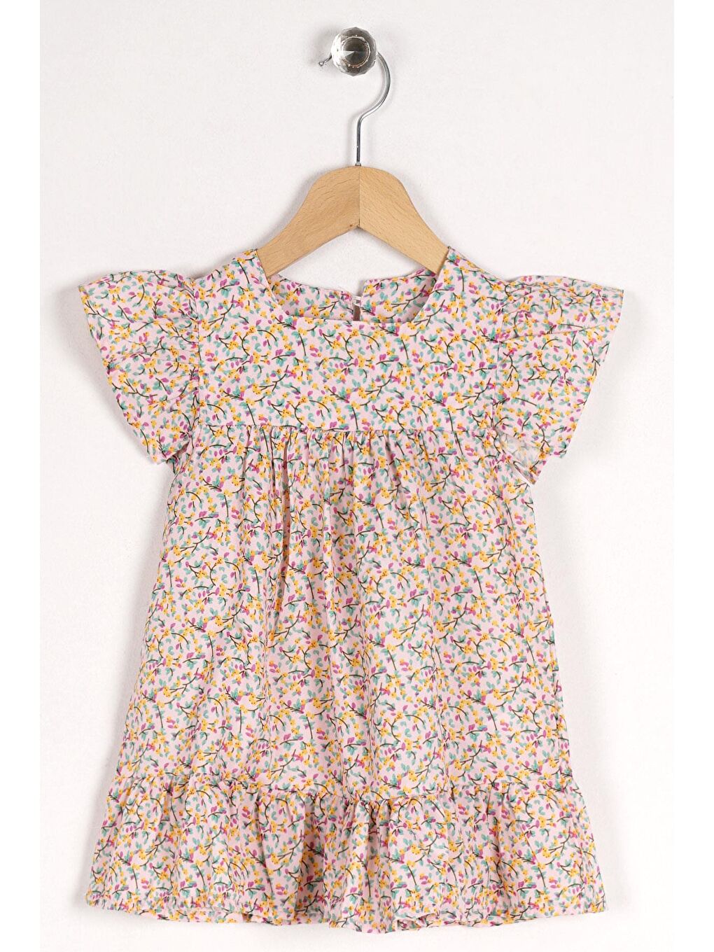 Pembe Kare Yaka Fırfır Kol Çiçek Desenli Somon Renk Kız Çocuk Elbise