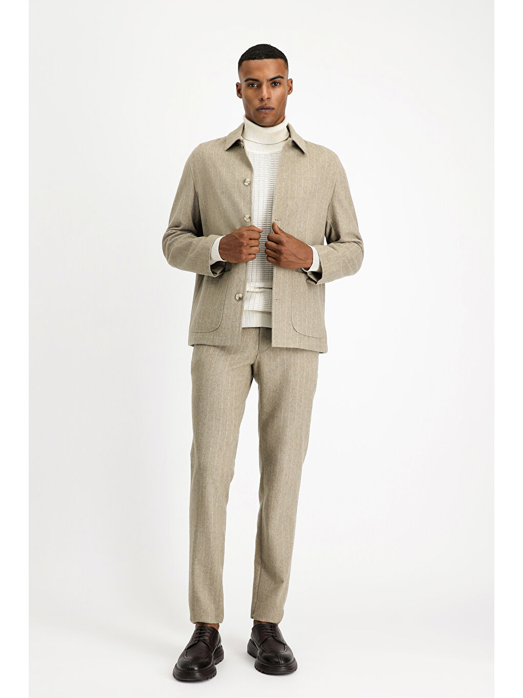 Bej Regular Fit Yünlü Çizgili Spor Ceket-1