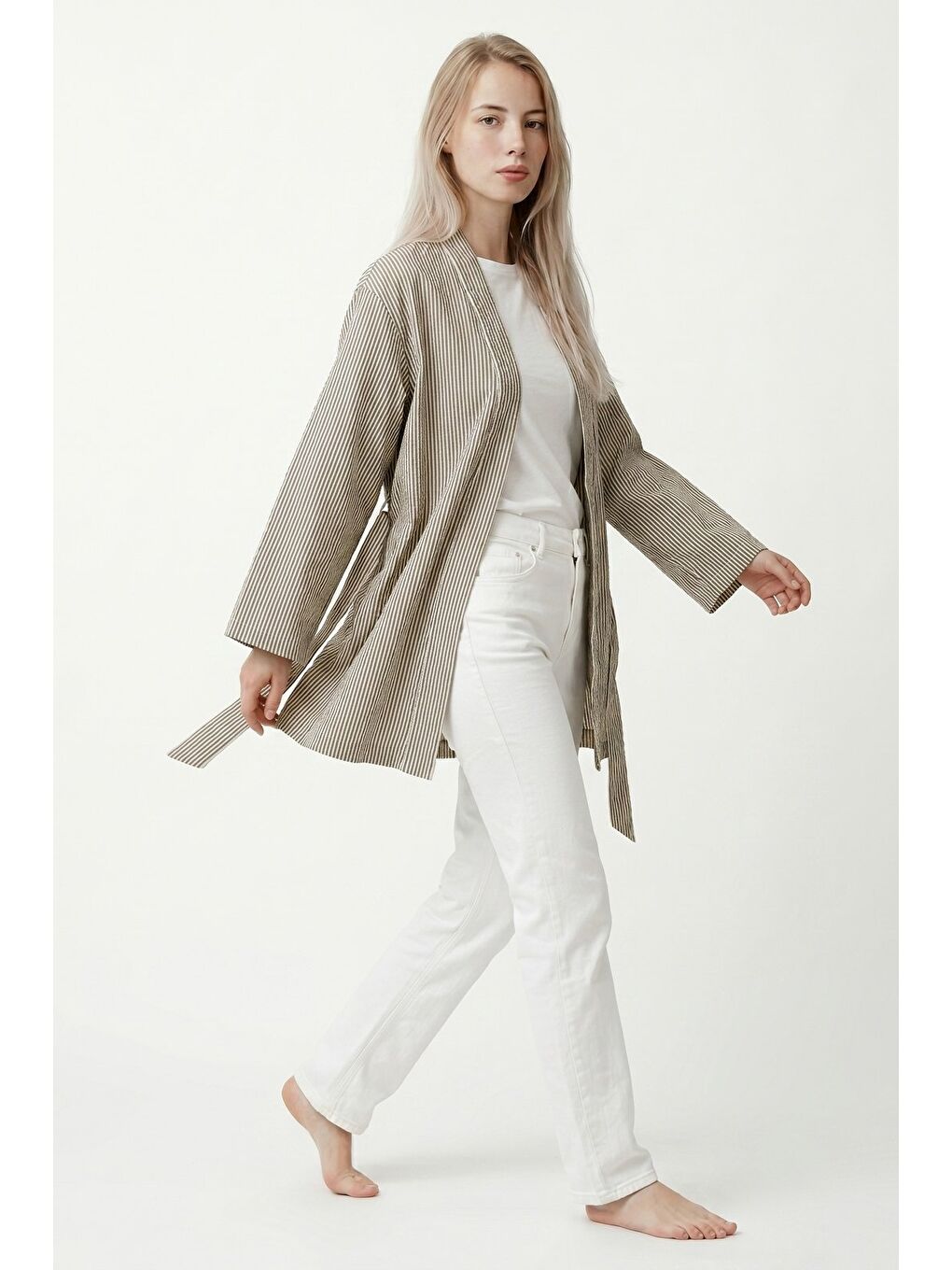 Haki Kadın Dikey Çizgili Geniş Kollu Yazlık Relaxed Kimono-3