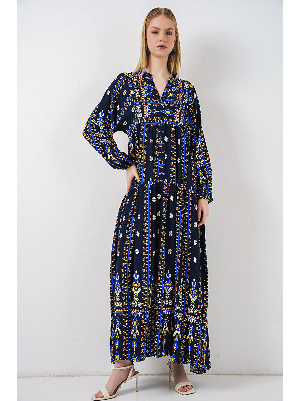 Kadın Desenli Uzun Tesettür Elbise 2585 - P. Lacivert