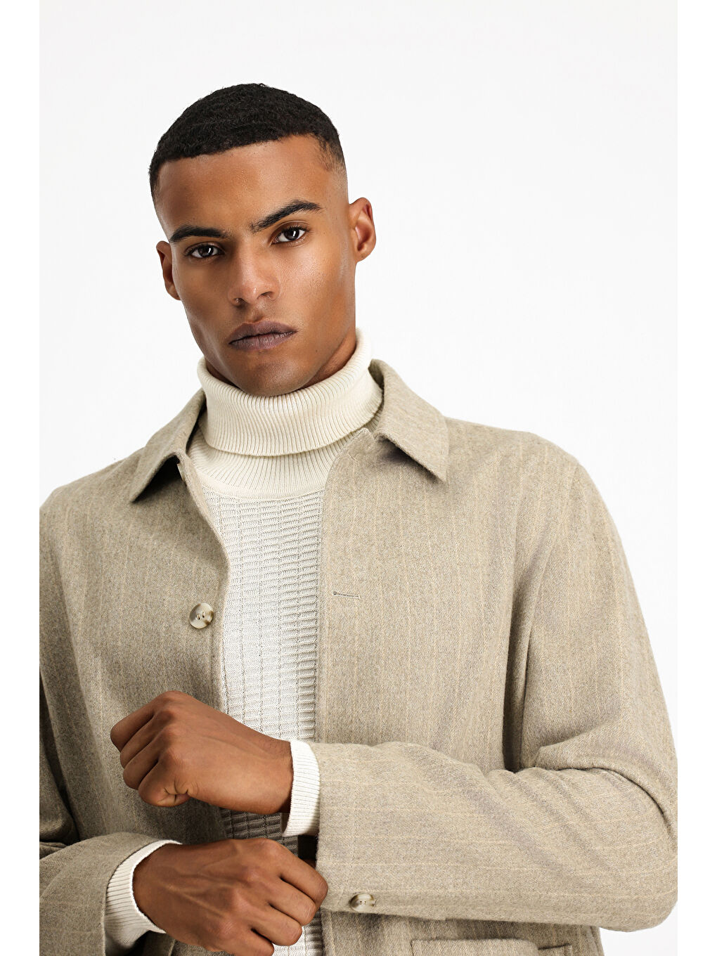 Bej Regular Fit Yünlü Çizgili Spor Ceket-2