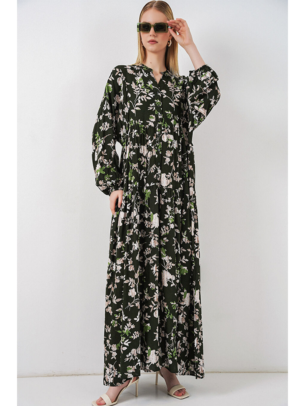 Kadın Desenli Uzun Tesettür Elbise 2585 - Koyu Haki-3