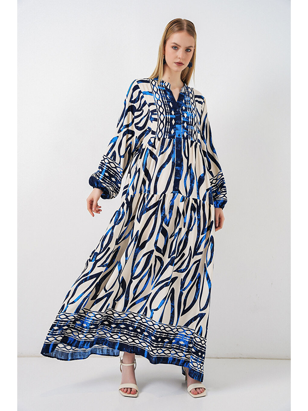 Kadın Desenli Uzun Tesettür Elbise 2585 - T. Lacivert-3