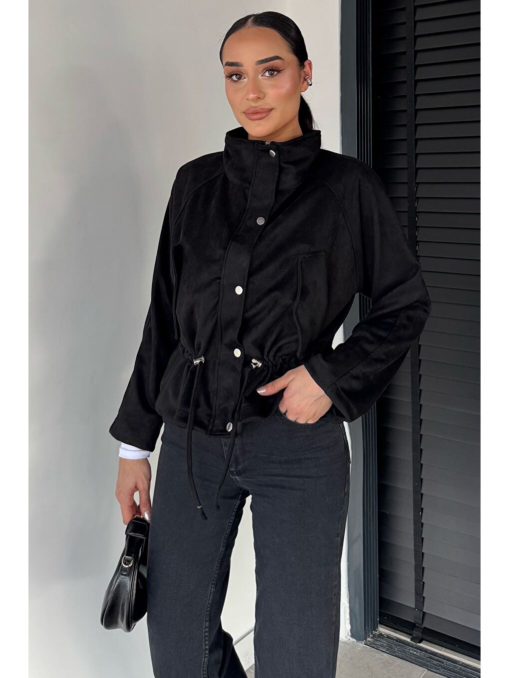 Siyah Kadın Bel Lastikli Süet Ceket-1