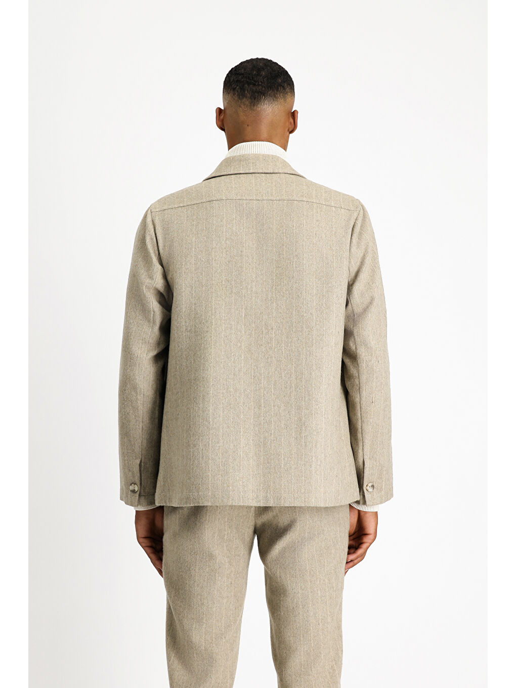 Bej Regular Fit Yünlü Çizgili Spor Ceket-3