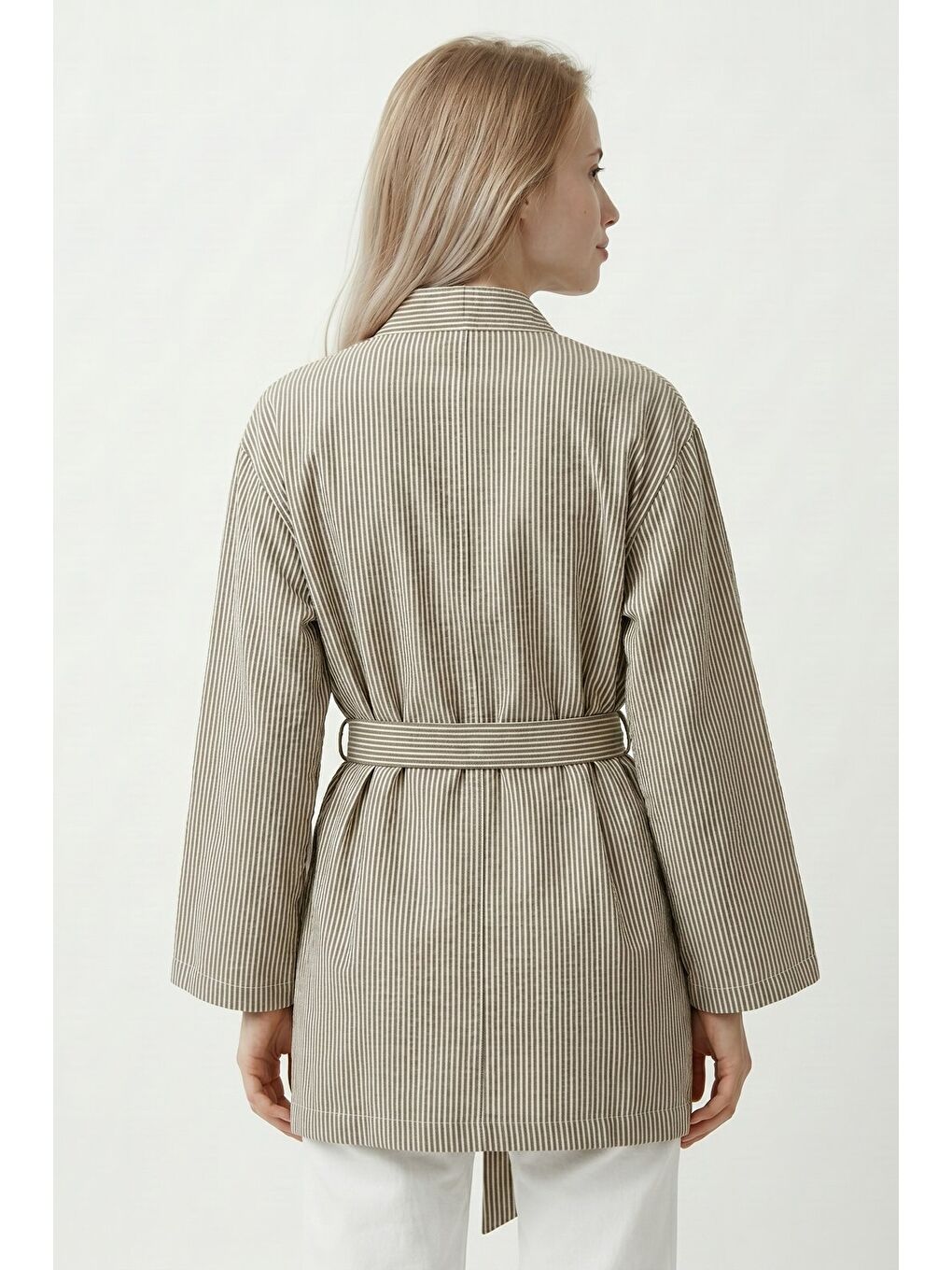 Haki Kadın Dikey Çizgili Geniş Kollu Yazlık Relaxed Kimono-4