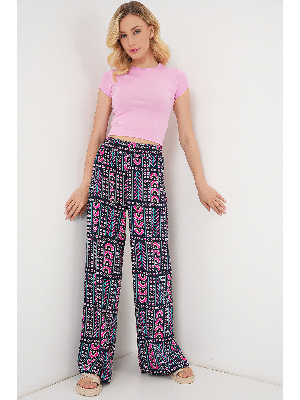 Kadın Desenli Viskon Pantolon 6749 - Lacivert-2