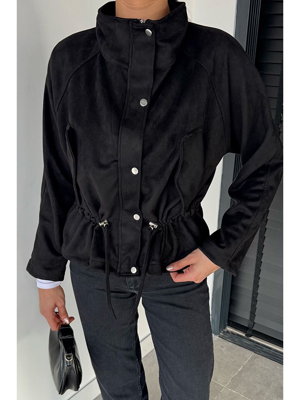 Siyah Kadın Bel Lastikli Süet Ceket-2