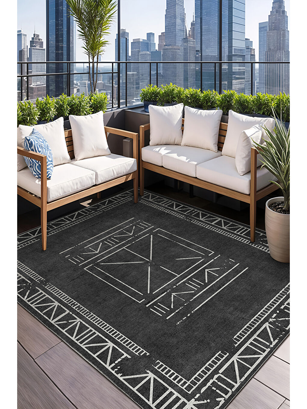 Siyah Dekoratif Salon Halısı, Makinada Yıkanabilir, Kaymaz Taban, İnce & Modern Tasarım-2