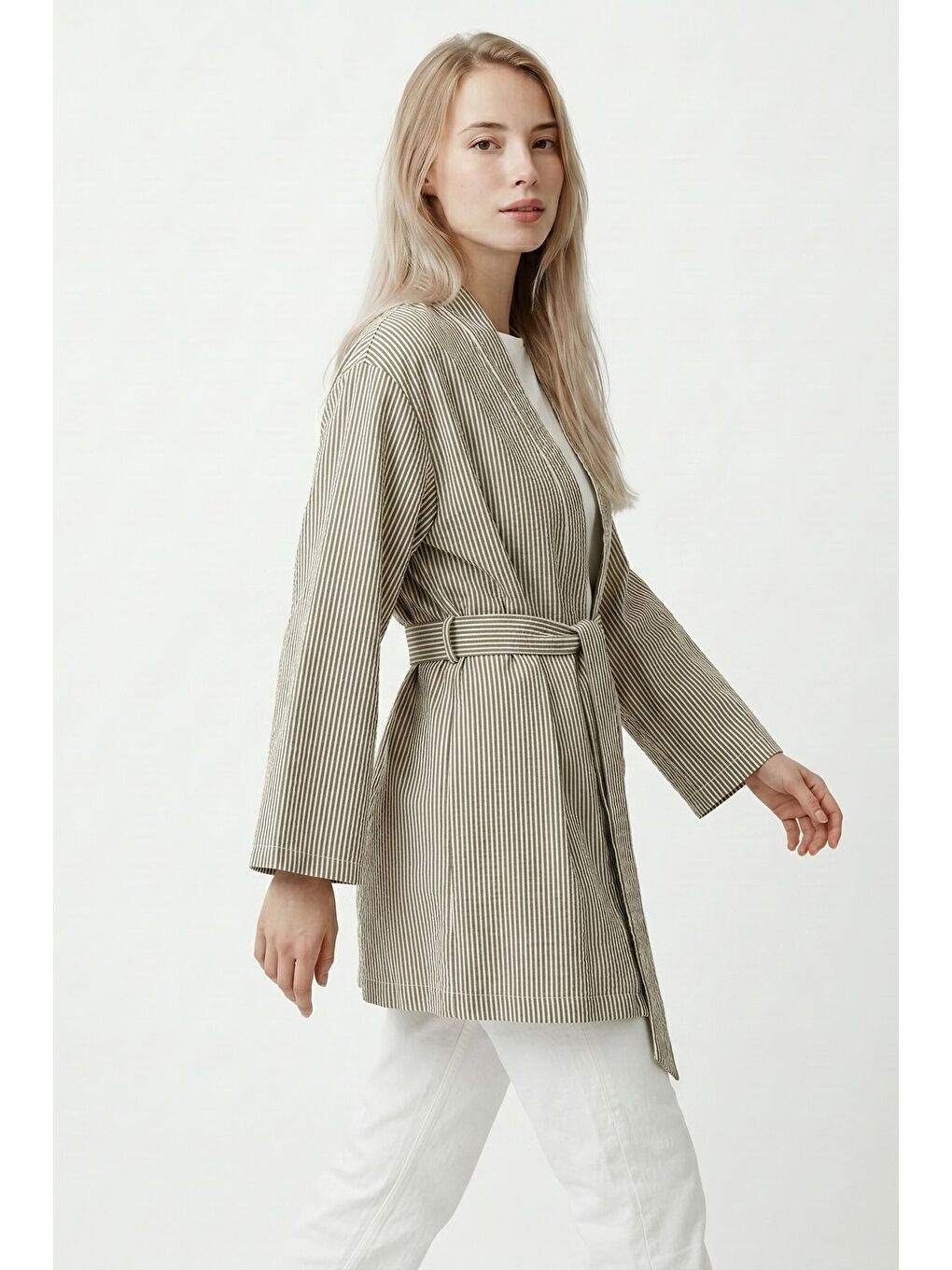 Haki Kadın Dikey Çizgili Geniş Kollu Yazlık Relaxed Kimono-5