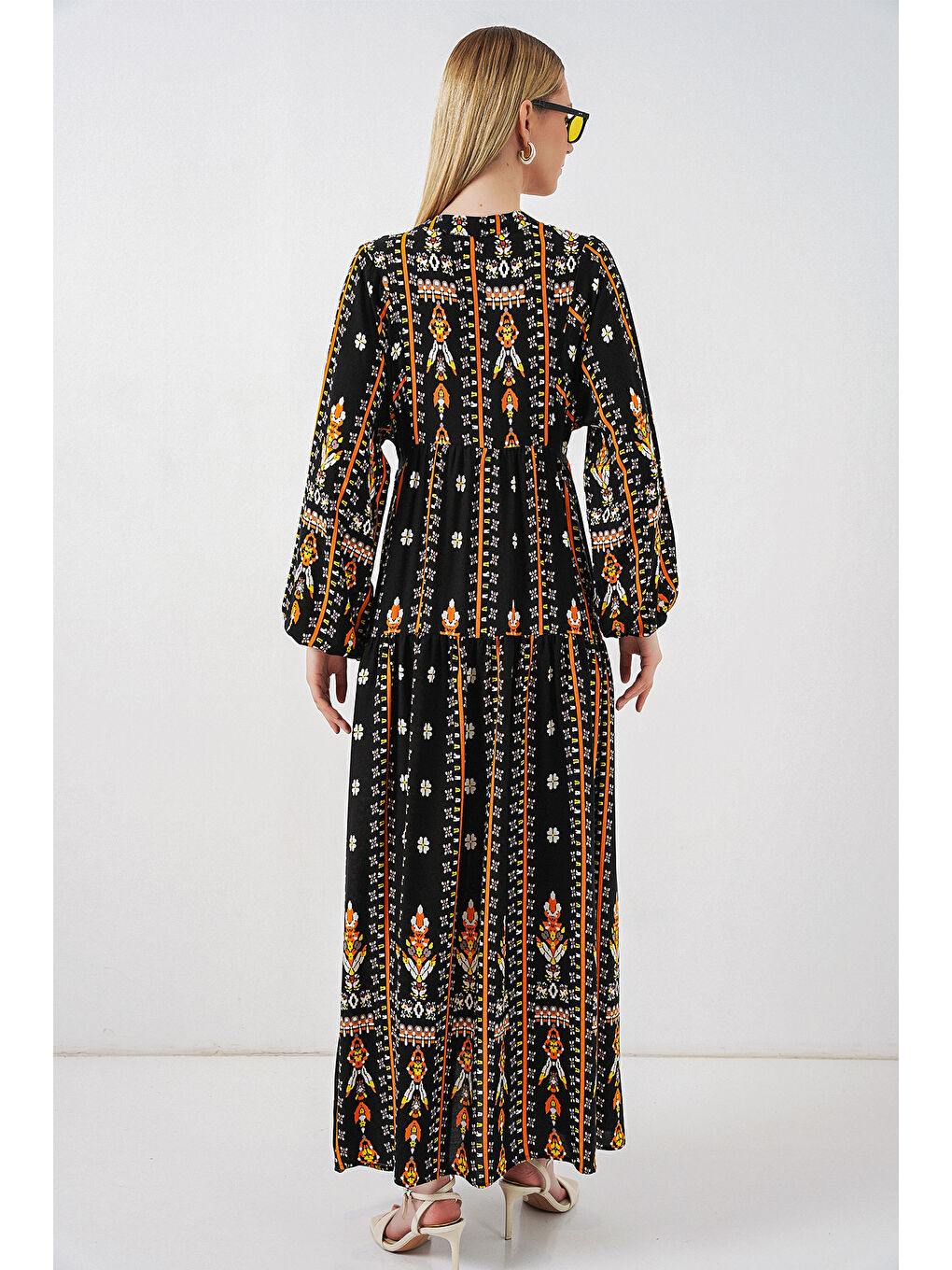 Kadın Desenli Uzun Tesettür Elbise 2585 - N. Siyah-5