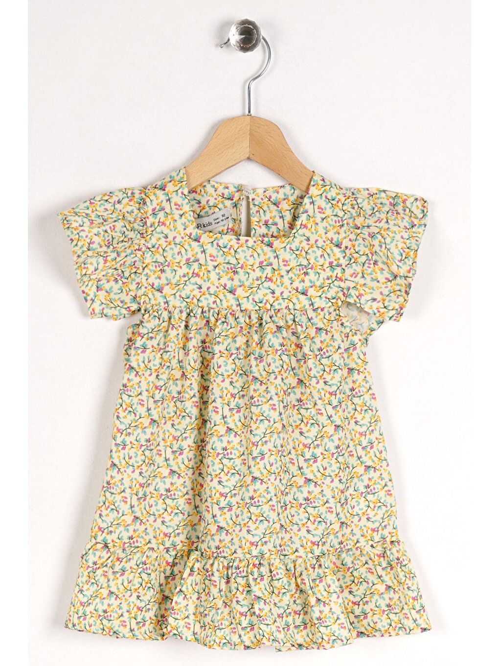 Kare Yaka Fırfır Kol Çiçek Desenli Sarı Renk Kız Çocuk Elbise