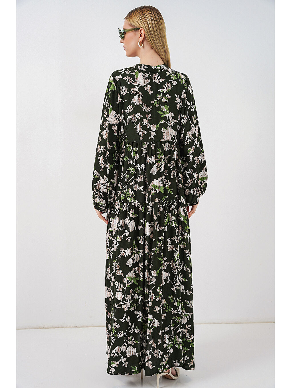 Kadın Desenli Uzun Tesettür Elbise 2585 - Koyu Haki-5