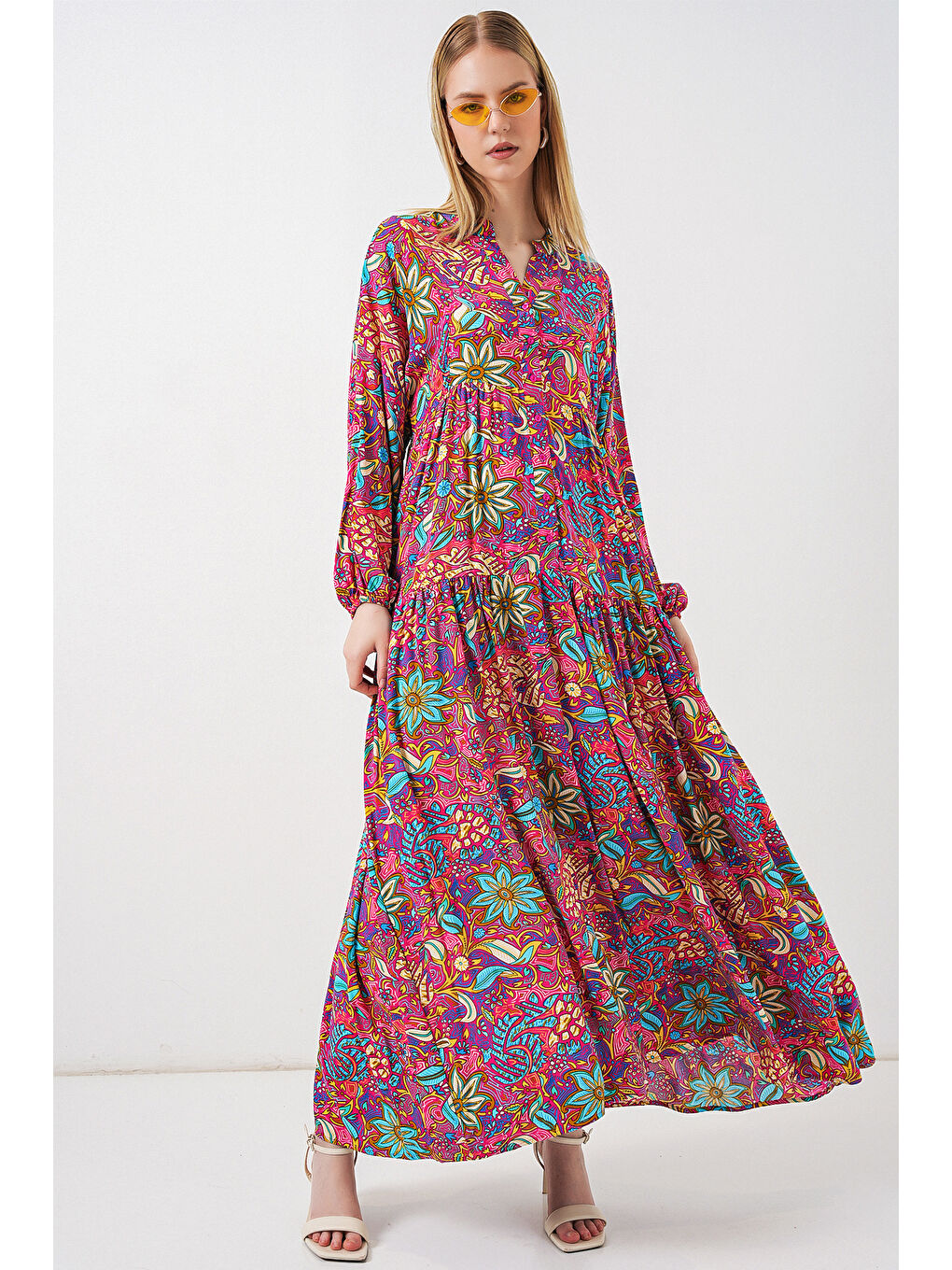 Karışık Kadın Desenli Uzun Tesettür Elbise 2585 - Çok Renkli-2