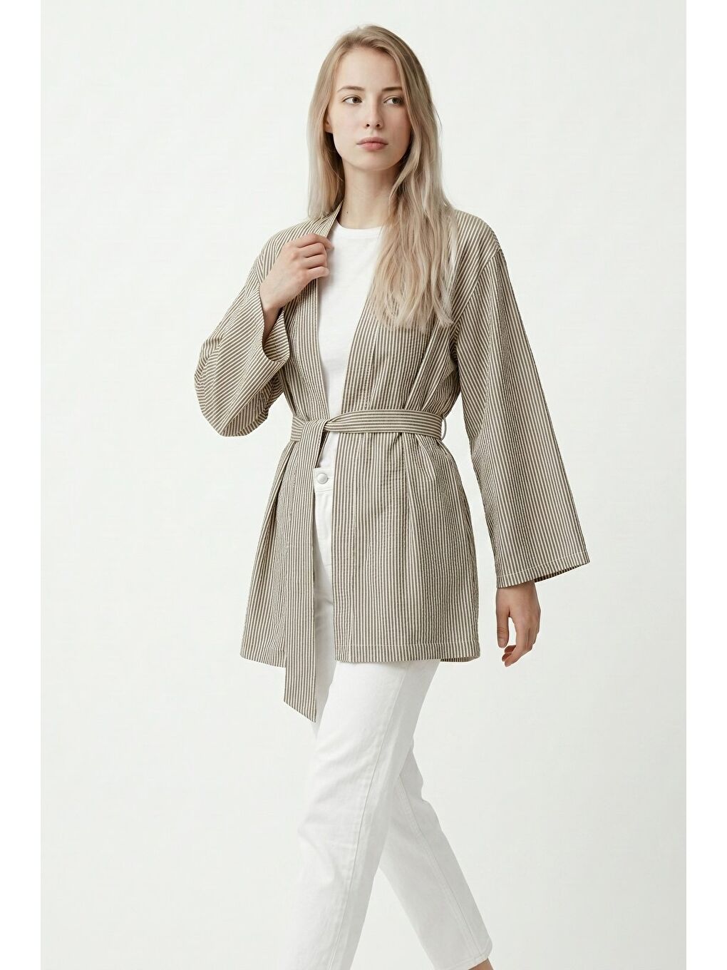 Haki Kadın Dikey Çizgili Geniş Kollu Yazlık Relaxed Kimono-6