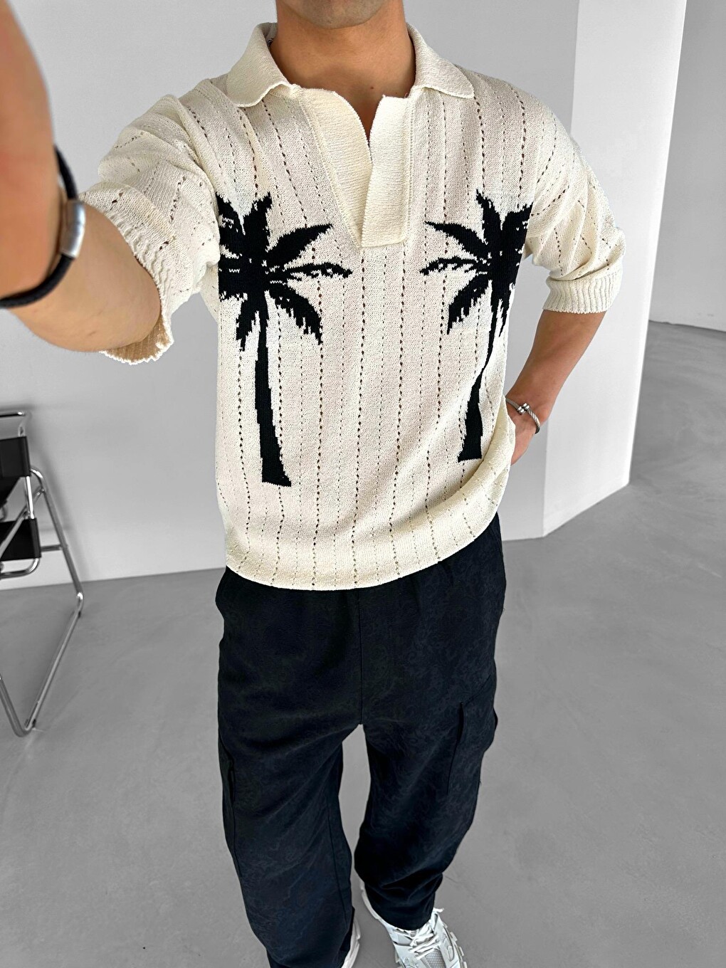 Ekru Erkek Oversize Palmiye Desenli Triko Tişört Krem-1