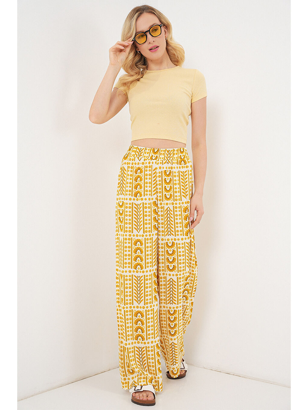 Kadın Desenli Viskon Pantolon 6749 - Sarı-2