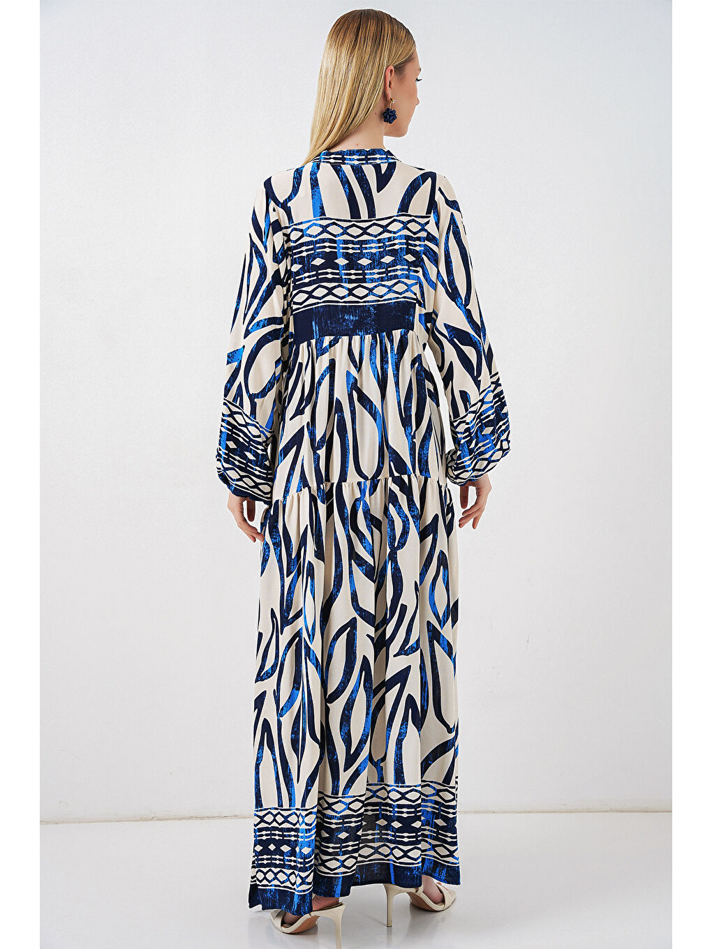 Kadın Desenli Uzun Tesettür Elbise 2585 - T. Lacivert-5