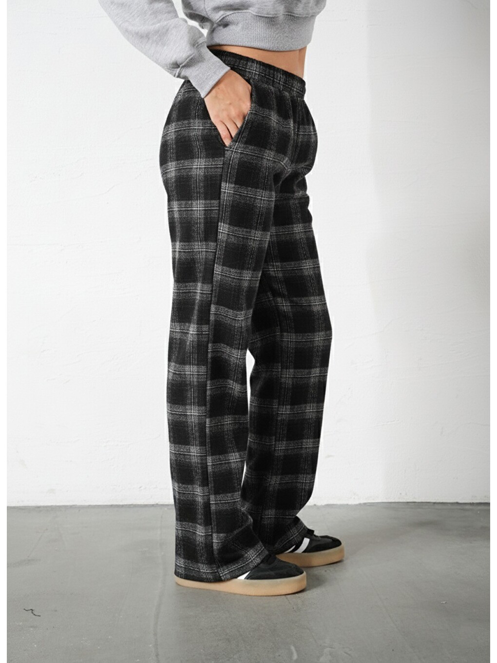 Gri Ekoseli Flanel Yüksek Bel Pijama Altı Rahat Kesim Geniş Paça Pamuklu Kadın Pantolon