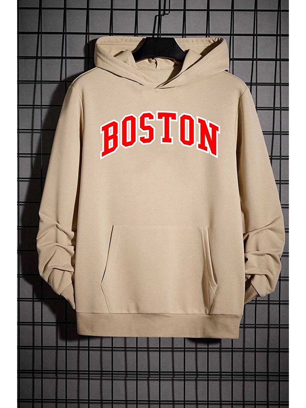 uyguntarz Bej Unisex Boston Baskılı Sweatshirt