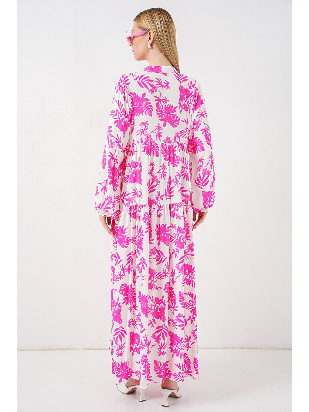 Kadın Desenli Uzun Tesettür Elbise 2585 - Pembe-5