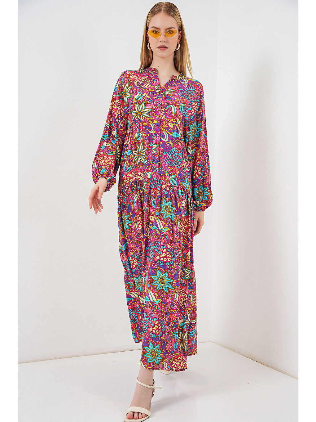 Karışık Kadın Desenli Uzun Tesettür Elbise 2585 - Çok Renkli-3