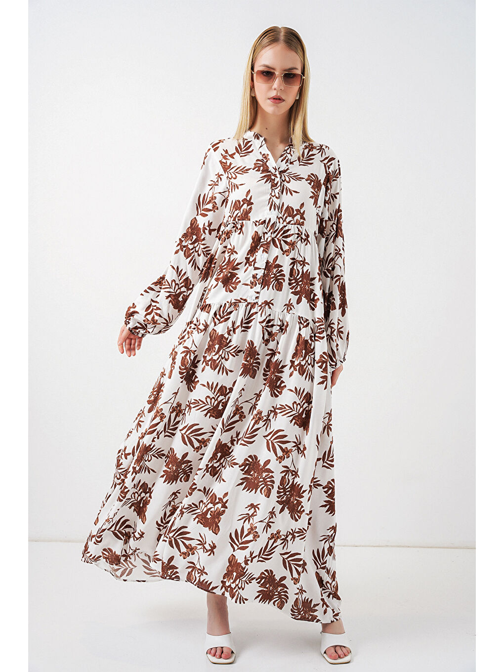 Kahverengi Kadın Desenli Uzun Tesettür Elbise 2585 - Taba