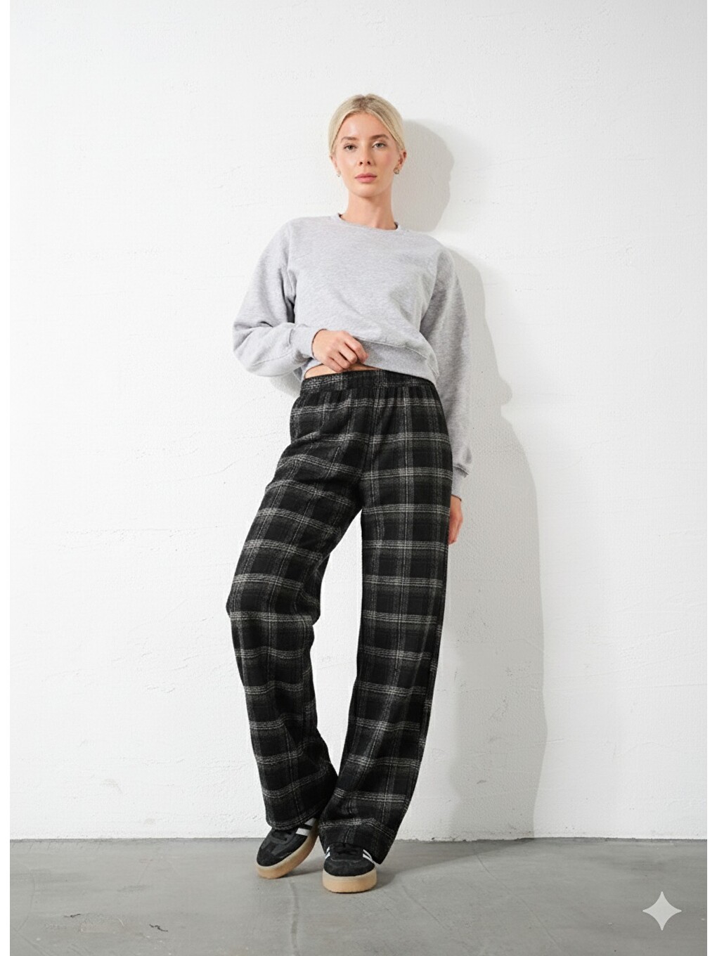 Gri Ekoseli Flanel Yüksek Bel Pijama Altı Rahat Kesim Geniş Paça Pamuklu Kadın Pantolon-5