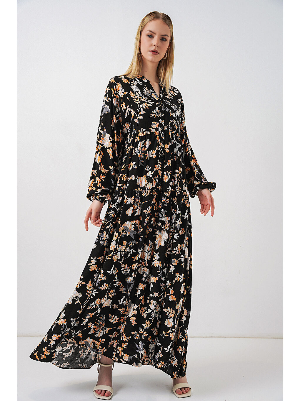 Kadın Desenli Uzun Tesettür Elbise 2585 - V. Siyah