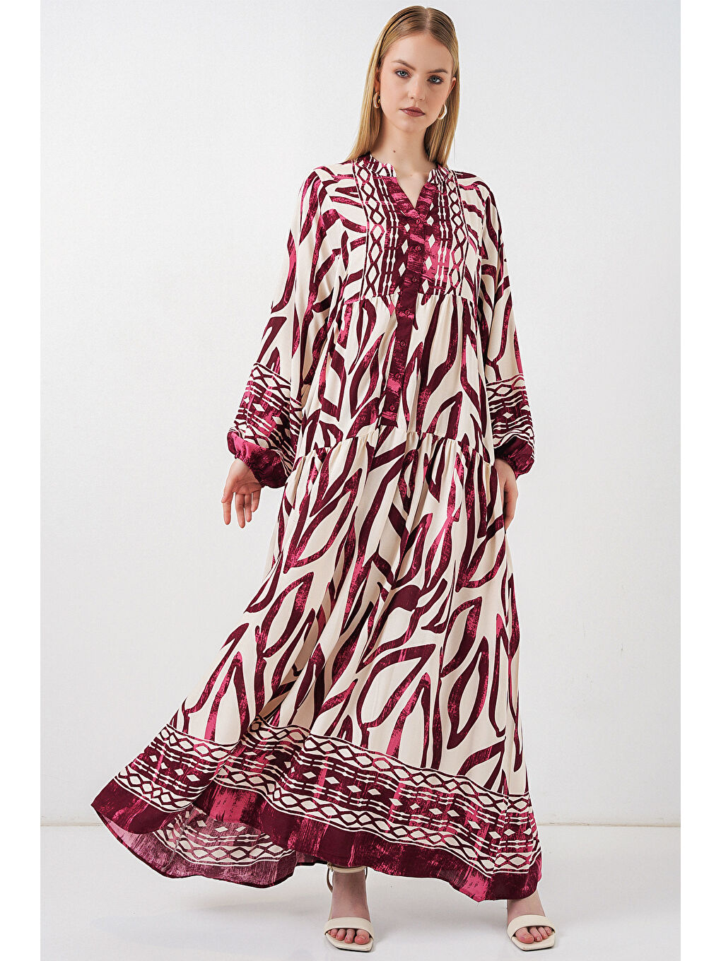 Kadın Desenli Uzun Tesettür Elbise 2585 - H. Bordo