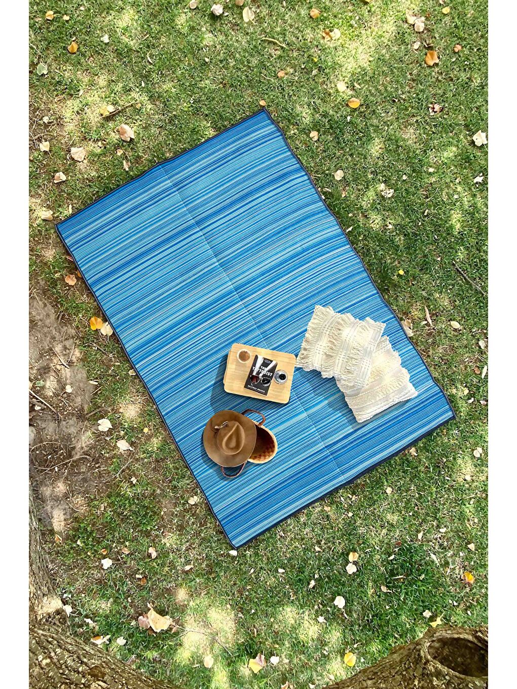 Mavi Katlanabilir Plaj Kamp Piknik Bahçe Balkon Teras Hasır Halı Mat Savan Kilim Karavan Halısı-90x180