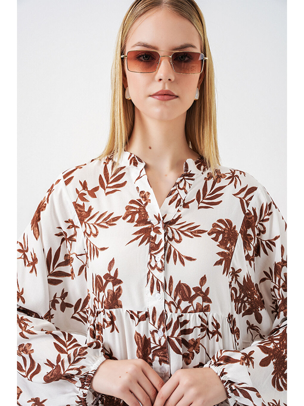 Kahverengi Kadın Desenli Uzun Tesettür Elbise 2585 - Taba-1