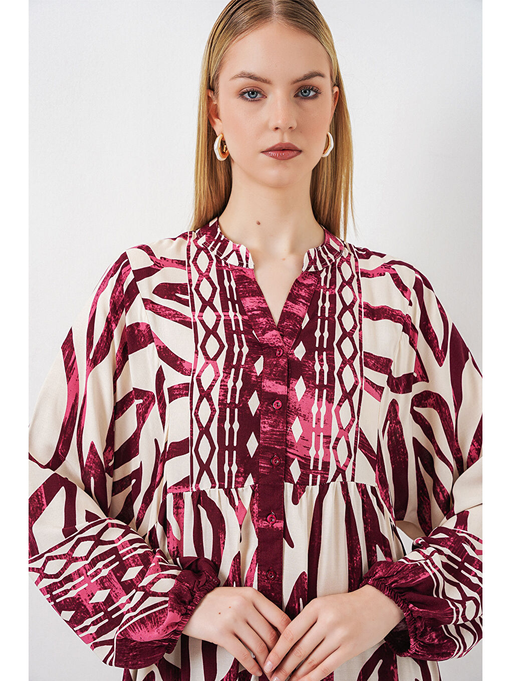 Kadın Desenli Uzun Tesettür Elbise 2585 - H. Bordo-1