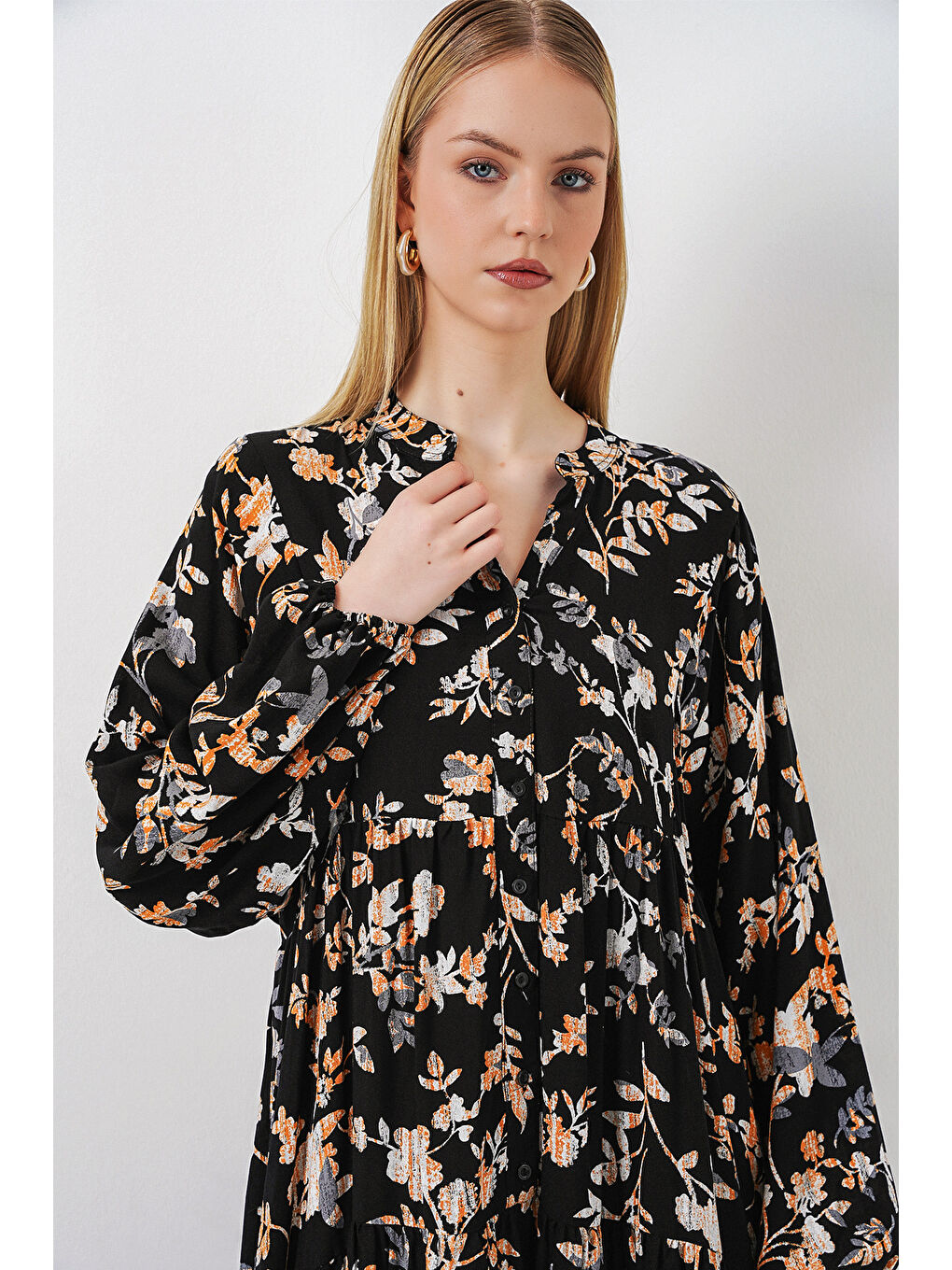 Kadın Desenli Uzun Tesettür Elbise 2585 - V. Siyah-1