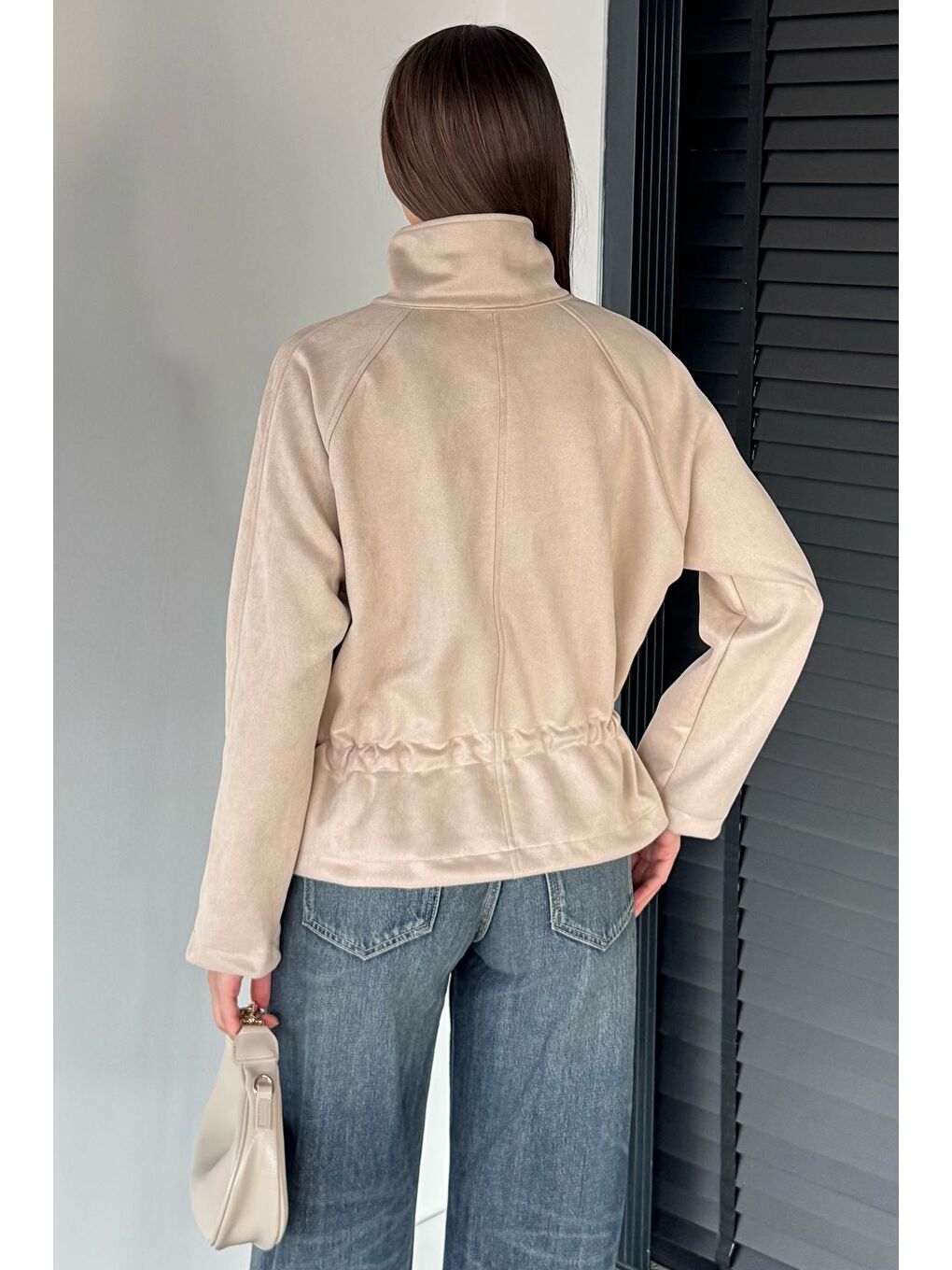 Bej Kadın Bel Lastikli Süet Ceket-3