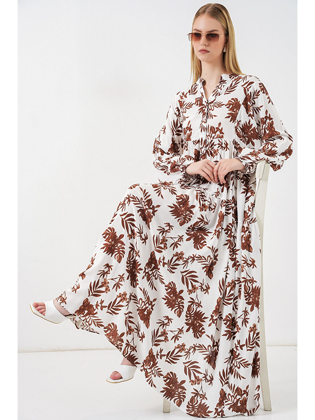 Kahverengi Kadın Desenli Uzun Tesettür Elbise 2585 - Taba-2