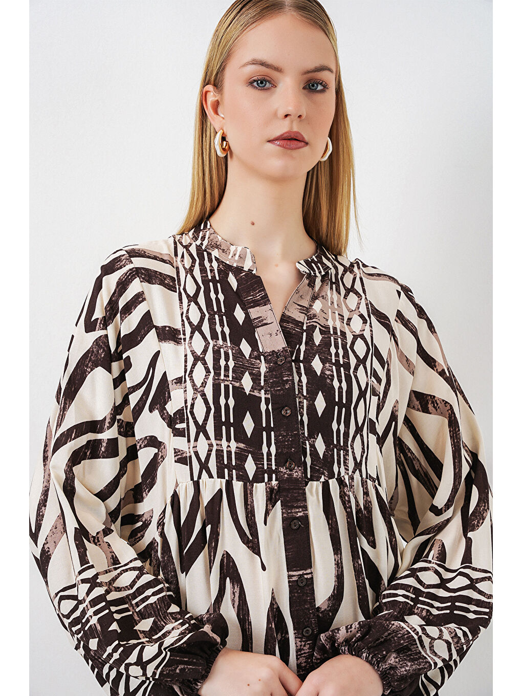 Bej Kadın Desenli Uzun Tesettür Elbise 2585 - K. Taba-1