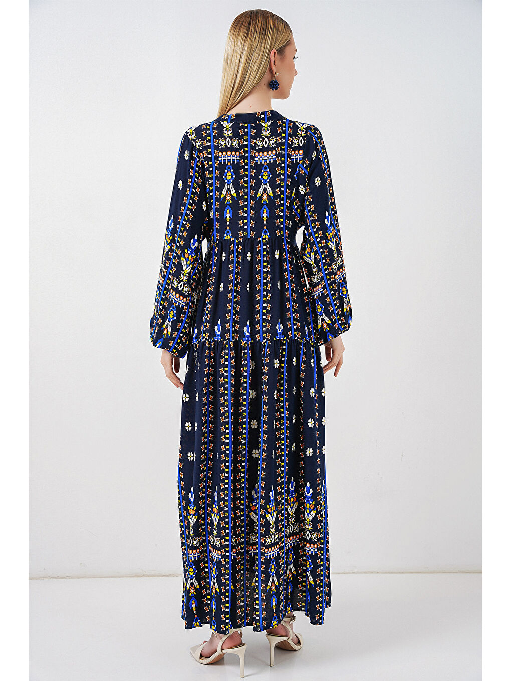 Kadın Desenli Uzun Tesettür Elbise 2585 - P. Lacivert-5