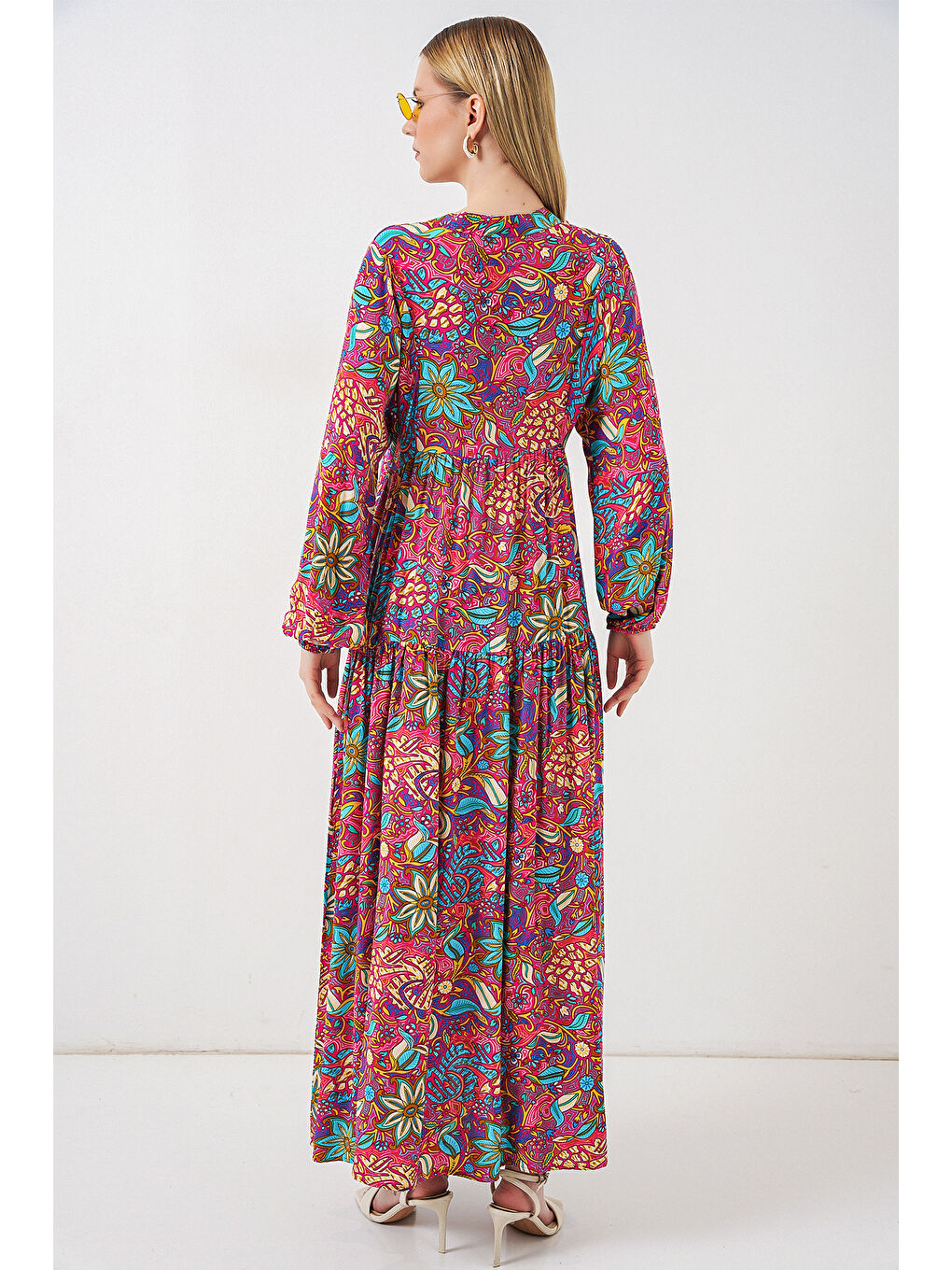 Karışık Kadın Desenli Uzun Tesettür Elbise 2585 - Çok Renkli-5