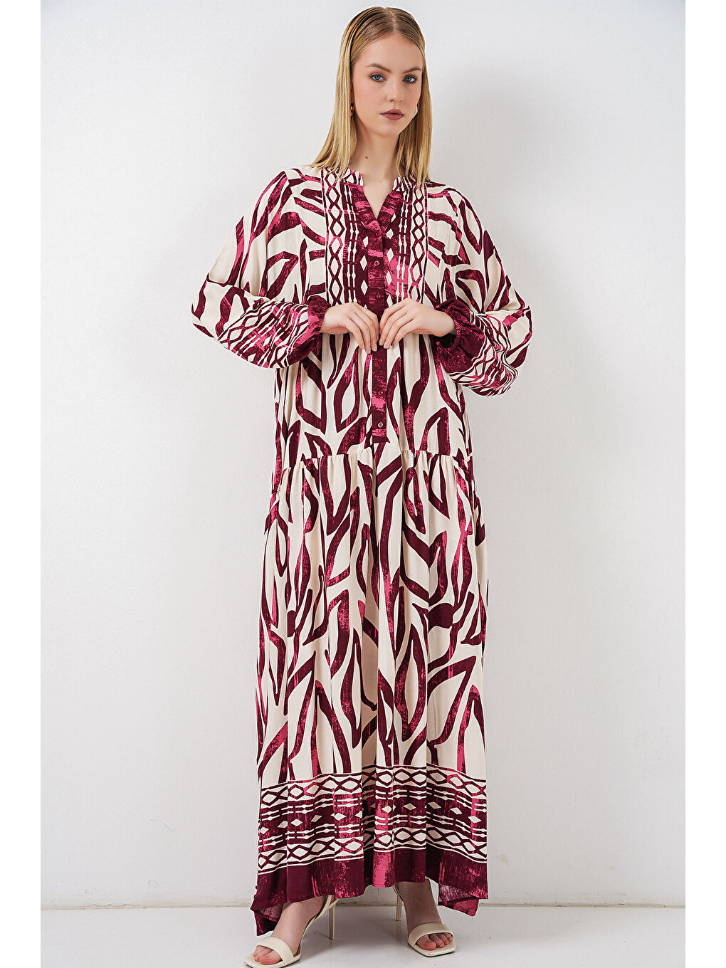 Kadın Desenli Uzun Tesettür Elbise 2585 - H. Bordo-2