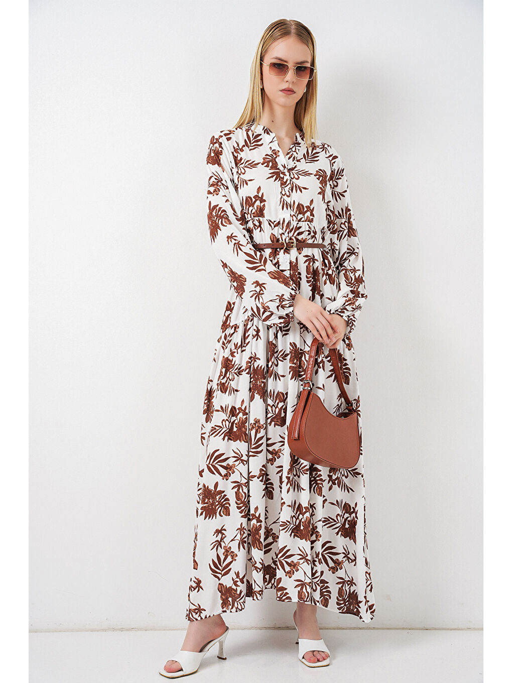 Kahverengi Kadın Desenli Uzun Tesettür Elbise 2585 - Taba-3