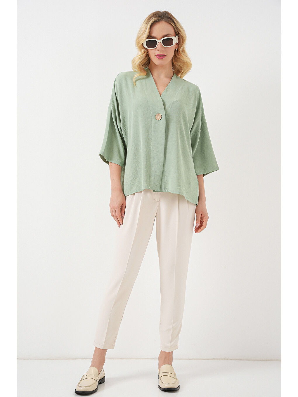 Yeşil Kadın Kısa Kol Oversize Kimono 5969 - Çağla-1