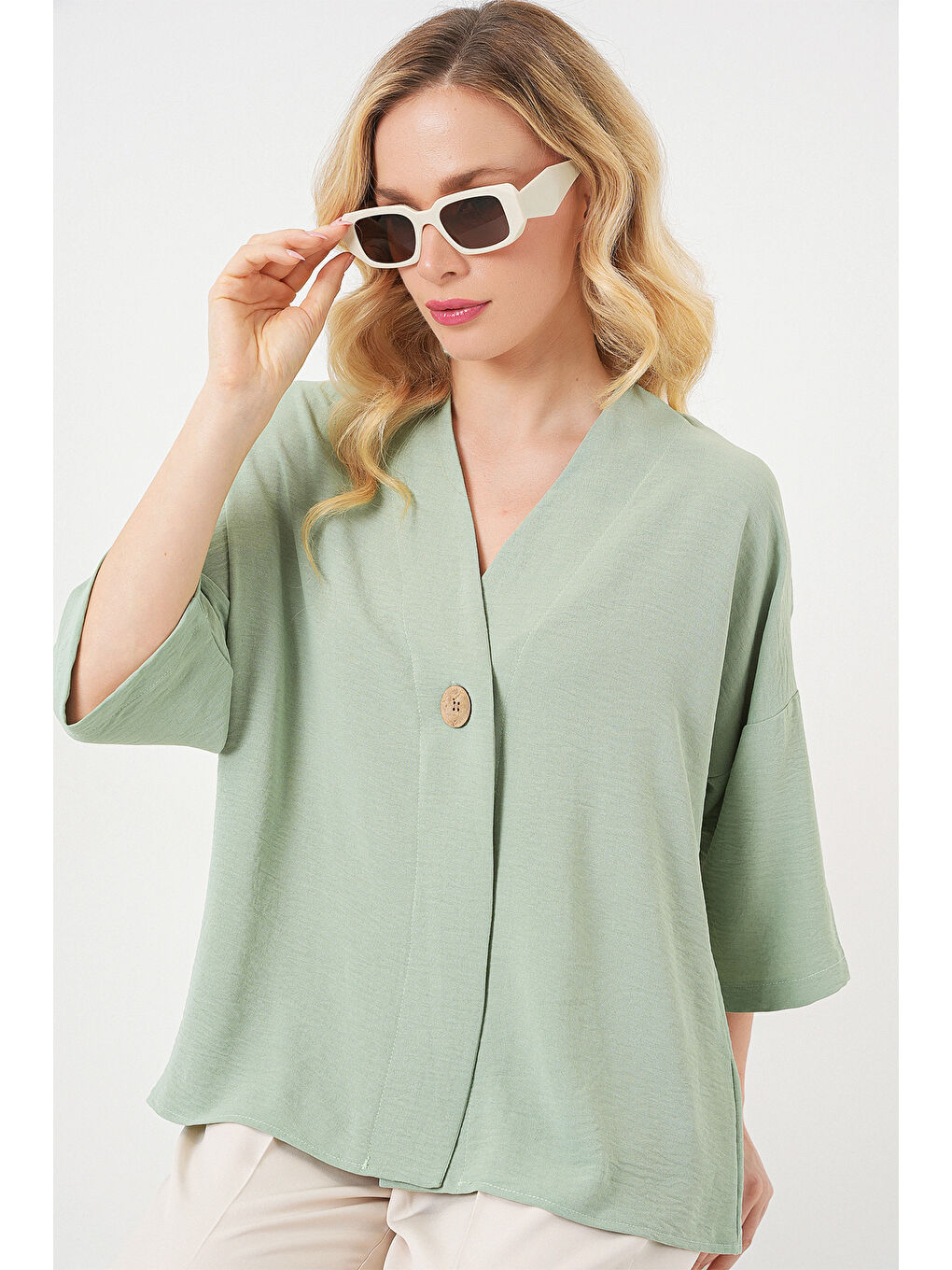 Yeşil Kadın Kısa Kol Oversize Kimono 5969 - Çağla-2