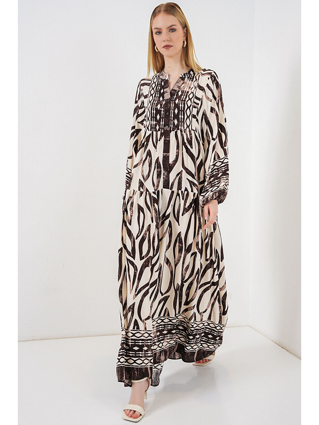 Bej Kadın Desenli Uzun Tesettür Elbise 2585 - K. Taba-2