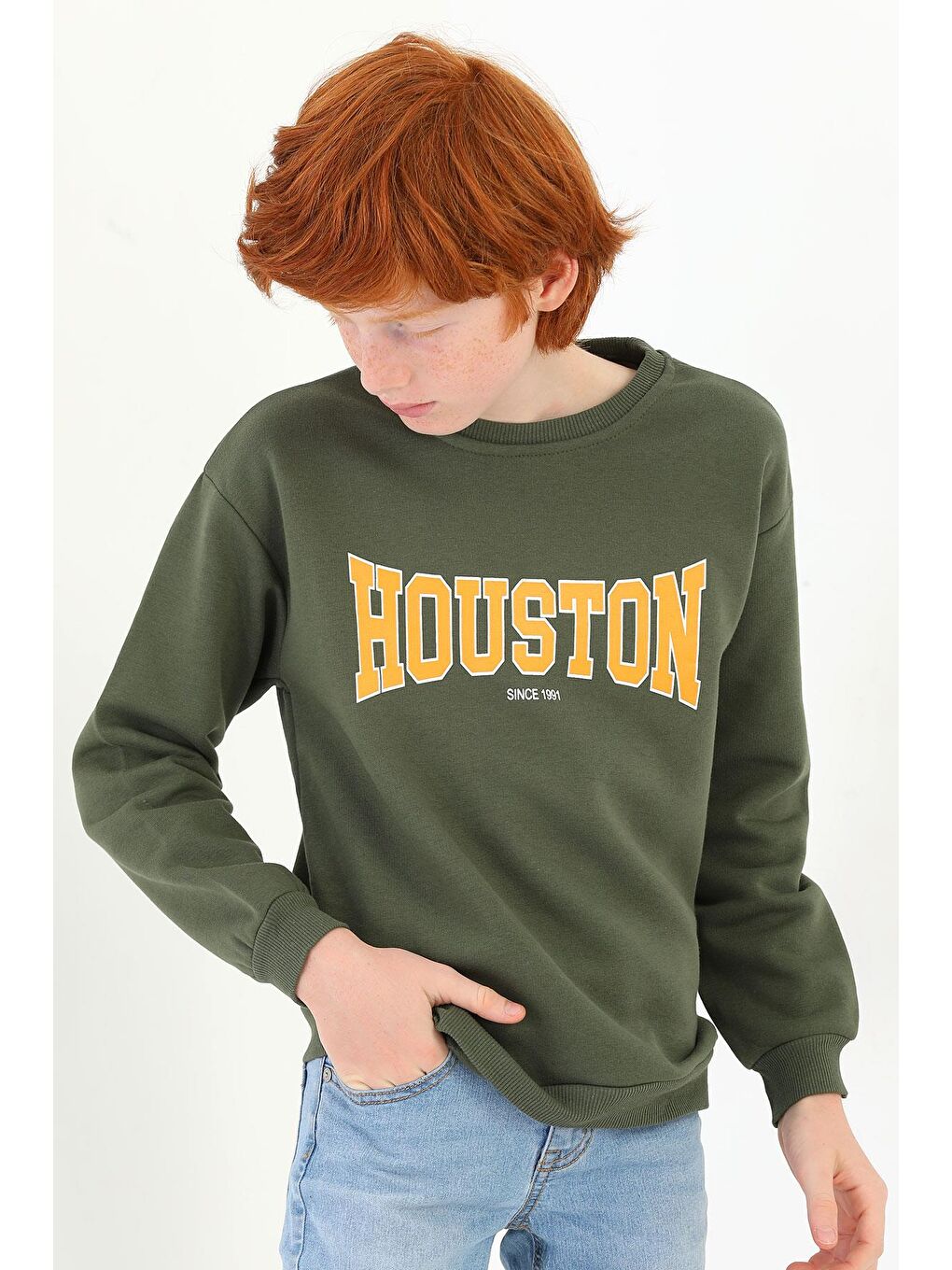 Bisiklet Yaka Uzun Kol Haki Renk Erkek Çocuk Sweatshirt